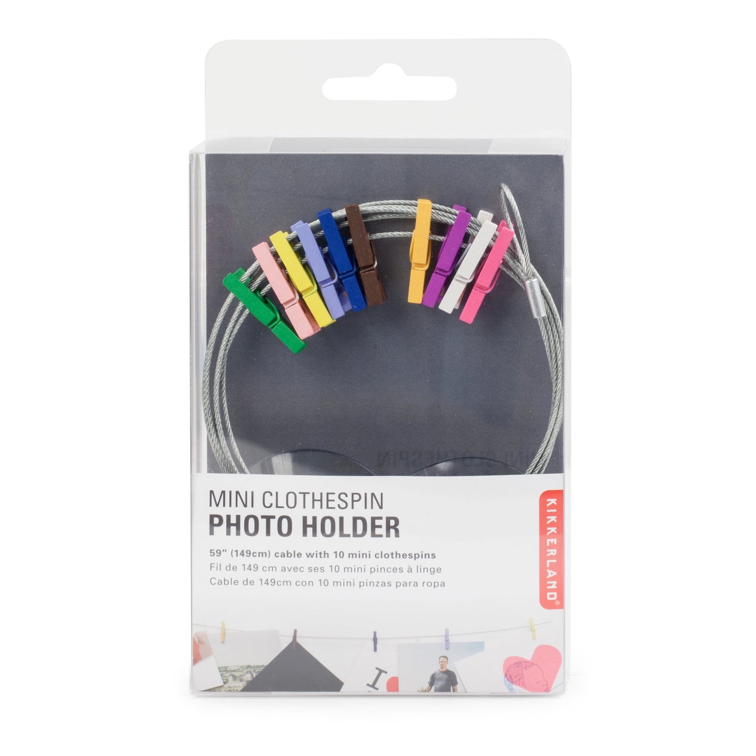 Foto houder draad met 10 Multicolor mini wasknijpers